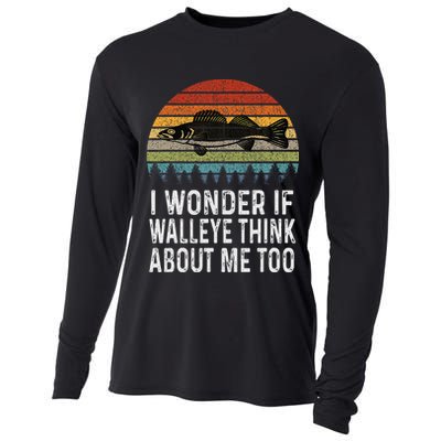 Cute I Wonder If Walleye Think About Me Funny Walleye Fishing Cooling Performance Long Sleeve Crew