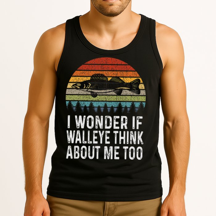 Cute I Wonder If Walleye Think About Me Funny Walleye Fishing Tank Top