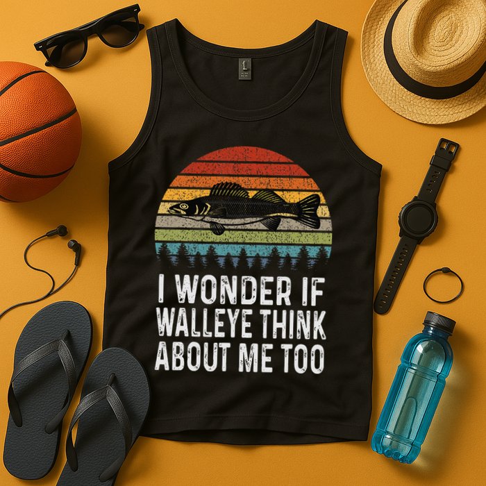 Cute I Wonder If Walleye Think About Me Funny Walleye Fishing Tank Top