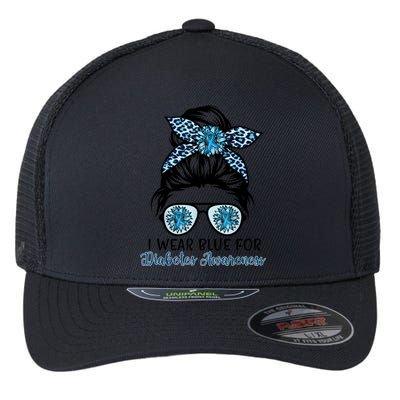 Cute I Wear Blue For Diabetes Awareness, Leopard Messy Bun Flexfit Unipanel Trucker Cap