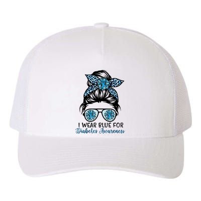 Cute I Wear Blue For Diabetes Awareness, Leopard Messy Bun Yupoong Adult 5-Panel Trucker Hat