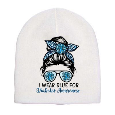 Cute I Wear Blue For Diabetes Awareness, Leopard Messy Bun Short Acrylic Beanie