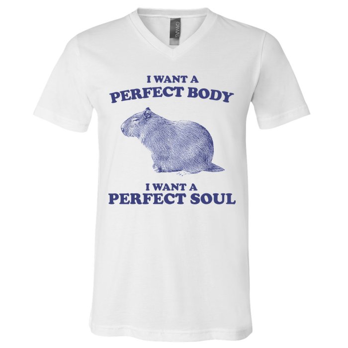 Capybara I Want A Perfect Body I Want A Perfect Soul Meme V-Neck T-Shirt