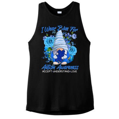 Cool I Wear Blue For Autism Awareness Accept Understand Love Flower Gnome Ladies PosiCharge Tri-Blend Wicking Tank