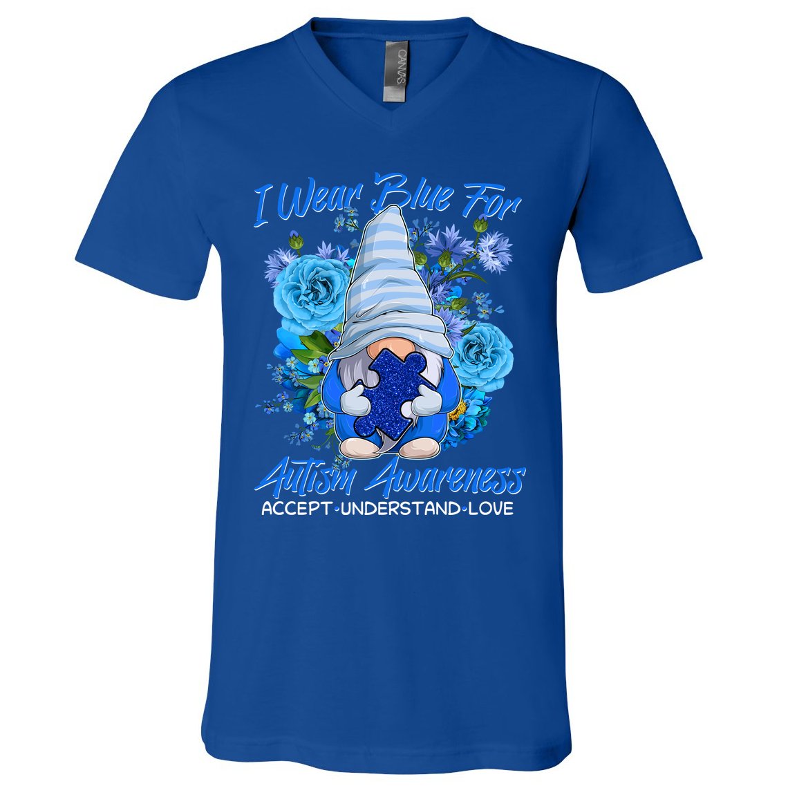 Cool I Wear Blue For Autism Awareness Accept Understand Love Flower Gnome V-Neck T-Shirt