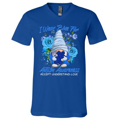 Cool I Wear Blue For Autism Awareness Accept Understand Love Flower Gnome V-Neck T-Shirt