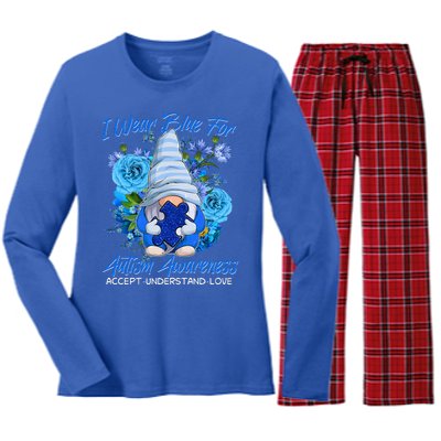 Cool I Wear Blue For Autism Awareness Accept Understand Love Flower Gnome Women's Long Sleeve Flannel Pajama Set 