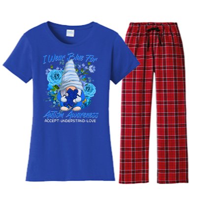 Cool I Wear Blue For Autism Awareness Accept Understand Love Flower Gnome Women's Flannel Pajama Set