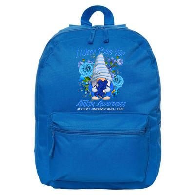 Cool I Wear Blue For Autism Awareness Accept Understand Love Flower Gnome 16 in Basic Backpack