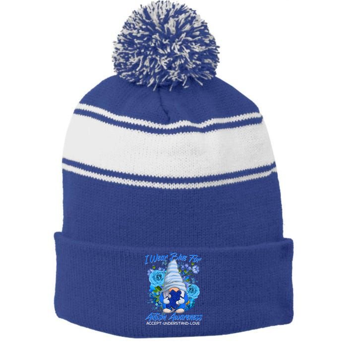 Cool I Wear Blue For Autism Awareness Accept Understand Love Flower Gnome Stripe Pom Pom Beanie