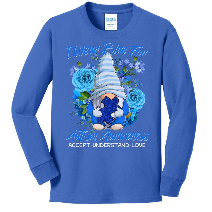 Cool I Wear Blue For Autism Awareness Accept Understand Love Flower Gnome Kids Long Sleeve Shirt