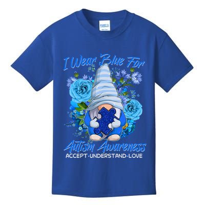 Cool I Wear Blue For Autism Awareness Accept Understand Love Flower Gnome Kids T-Shirt