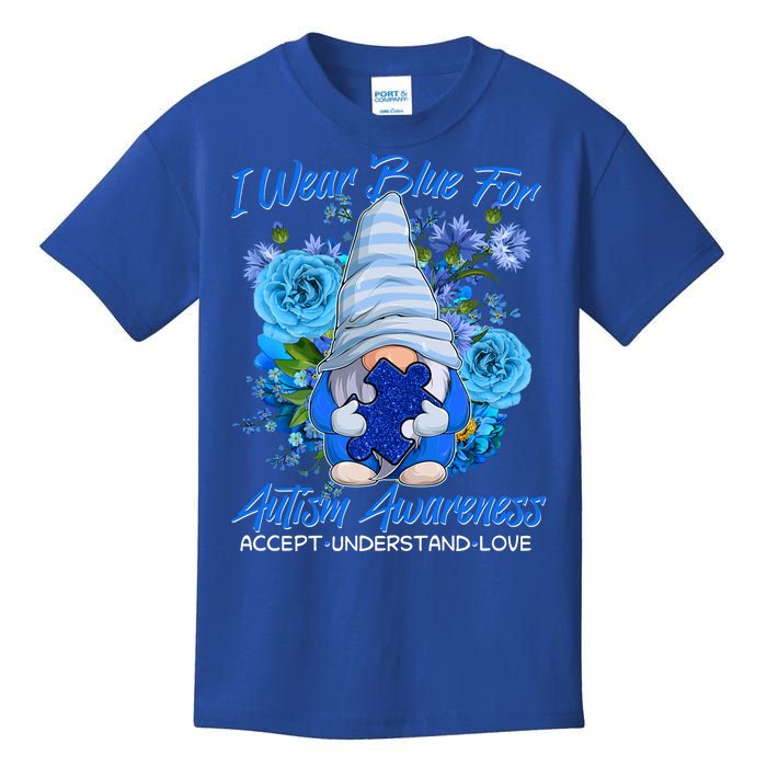 Cool I Wear Blue For Autism Awareness Accept Understand Love Flower Gnome Kids T-Shirt