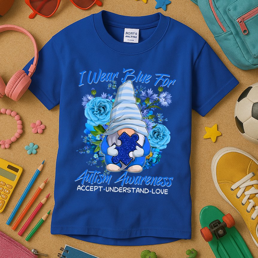 Cool I Wear Blue For Autism Awareness Accept Understand Love Flower Gnome Kids T-Shirt