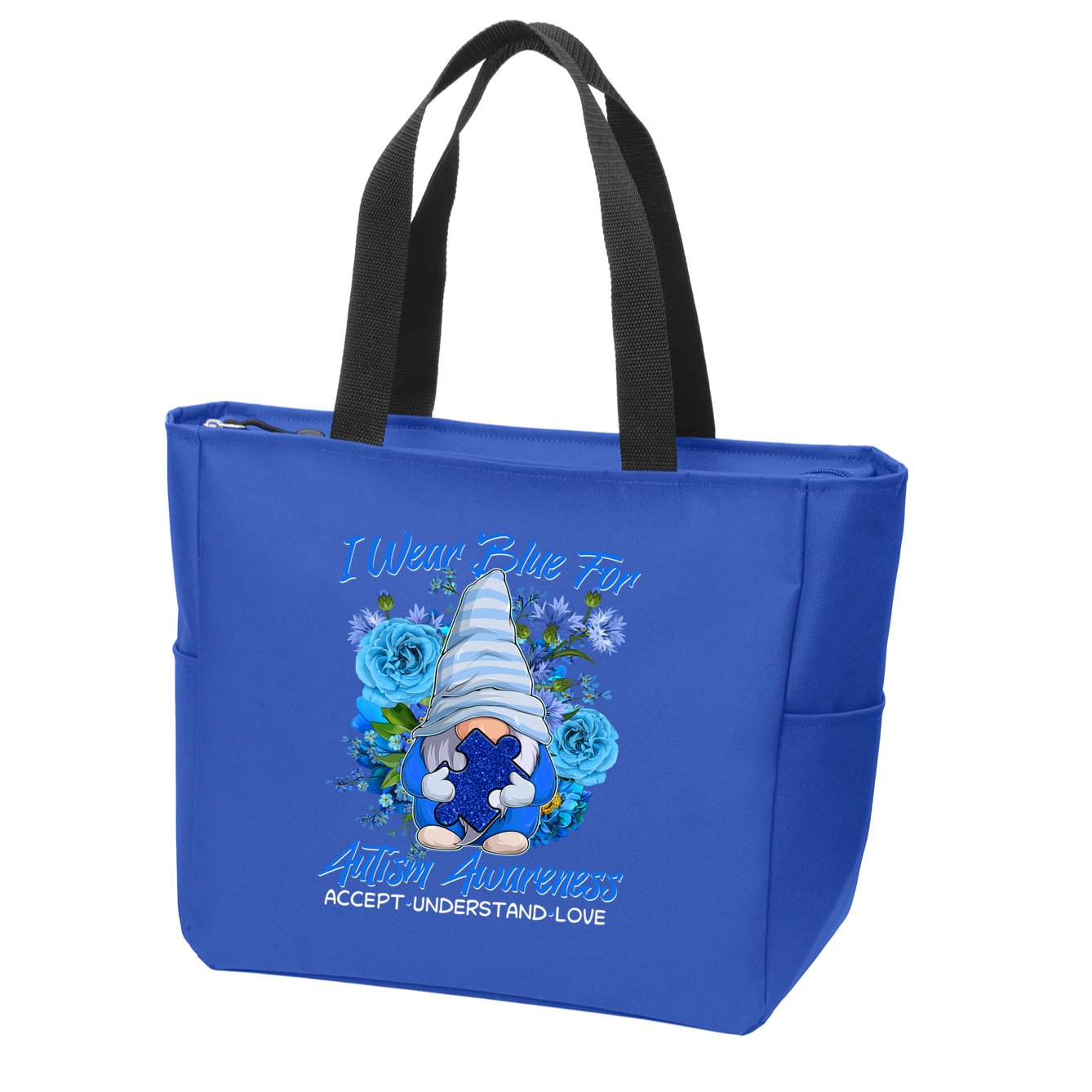 Cool I Wear Blue For Autism Awareness Accept Understand Love Flower Gnome Zip Tote Bag