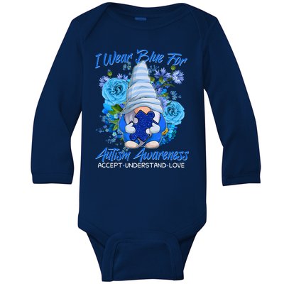 Cool I Wear Blue For Autism Awareness Accept Understand Love Flower Gnome Baby Long Sleeve Bodysuit