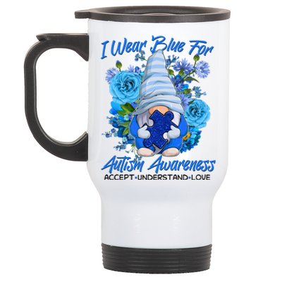 Cool I Wear Blue For Autism Awareness Accept Understand Love Flower Gnome Stainless Steel Travel Mug