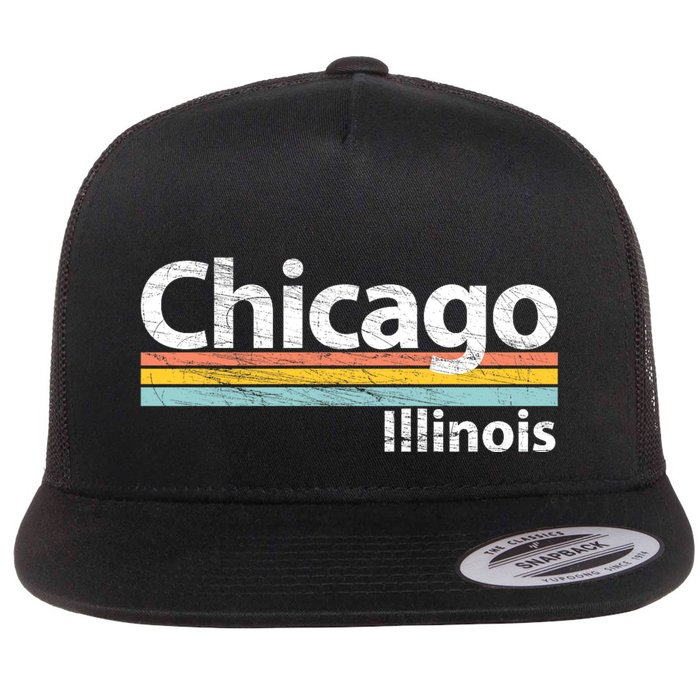 Chicago Illinois Worn Design / Retro Stripes Classic Flat Bill Trucker Hat