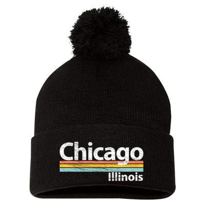 Chicago Illinois Worn Design / Retro Stripes Classic Pom Pom 12in Knit Beanie