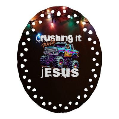 Crushing It With Jesus Christian Monster Truck Jesus Ceramic Oval Ornament