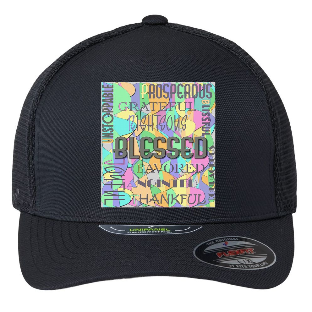 Christian Inspirational Word Collage Flexfit Unipanel Trucker Cap