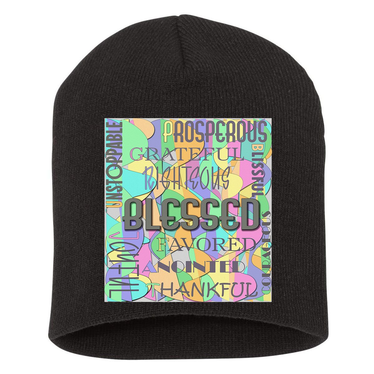 Christian Inspirational Word Collage Short Acrylic Beanie