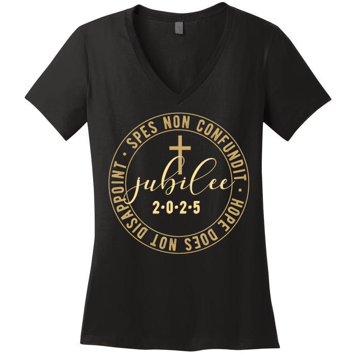 Catholic Jubilee 2025 Commemorative Design With Crucifix Women's V-Neck T-Shirt
