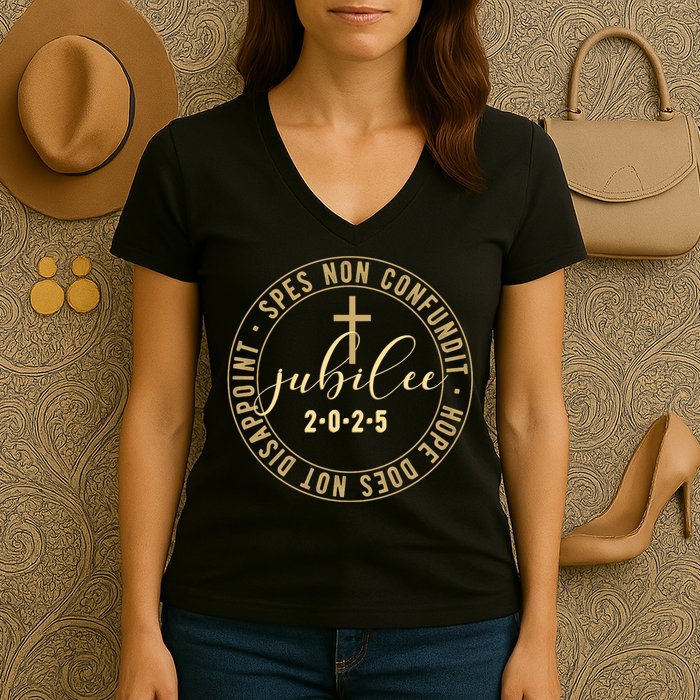 Catholic Jubilee 2025 Commemorative Design With Crucifix Women's V-Neck T-Shirt