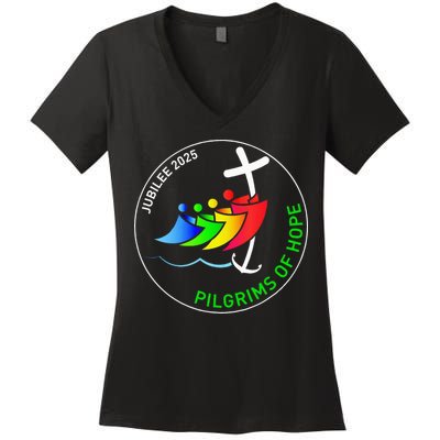Catholic Jubilee 2025 Stained Glass Pilgrims Of Hope Women's V-Neck T-Shirt