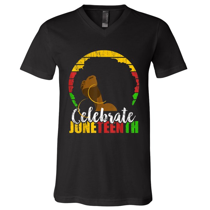 Celebrate Juneteenth Afro Woman Retro African Colors Gift V-Neck T-Shirt