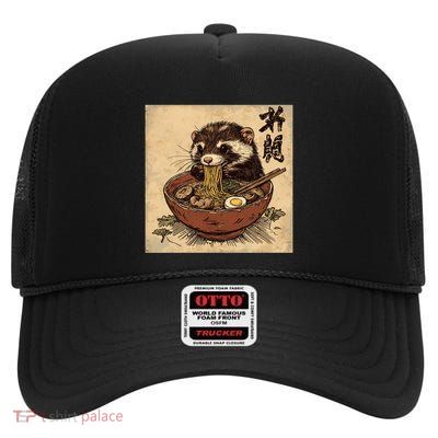 Classic Japanese Art Noodles Lover Wildlife Cute Ferret Gift High Crown Mesh Back Trucker Hat