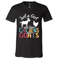 Cute Just A Girl Who Loves Chickens Goats Farmer Girls Gift V-Neck T-Shirt