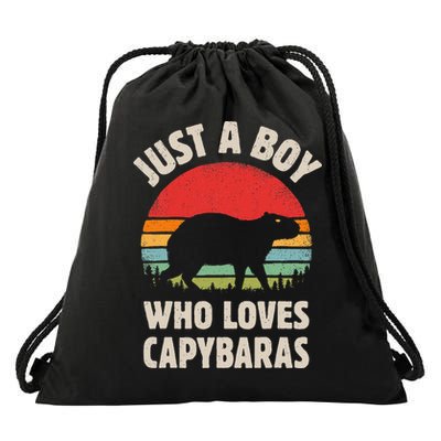 Capybara Just A Boy Who Loves Capybaras Retro Vintage Sunset Drawstring Bag