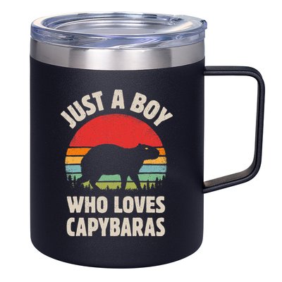 Capybara Just A Boy Who Loves Capybaras Retro Vintage Sunset 12oz Stainless Steel Coffee Mug