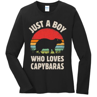 Capybara Just A Boy Who Loves Capybaras Retro Vintage Sunset Ladies Long Sleeve Shirt