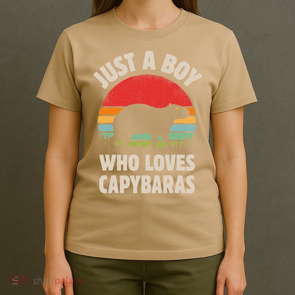 Capybara Just A Boy Who Loves Capybaras Retro Vintage Sunset T-Shirt