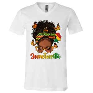 Celebrate Juneteenth Afro Messy Bun Black Women Melanin V-Neck T-Shirt