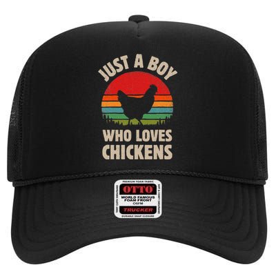 Chicken Just A Boy Who Loves Retro Farm Animal Farmer Sunset High Crown Mesh Back Trucker Hat