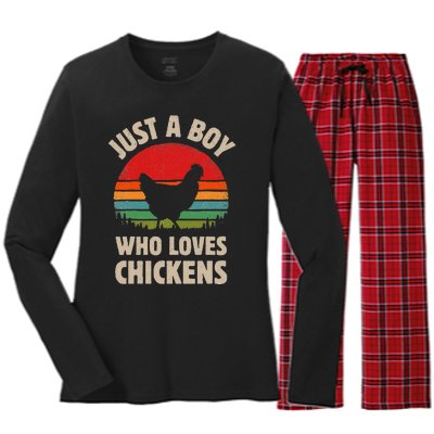 Chicken Just A Boy Who Loves Retro Farm Animal Farmer Sunset Women's Long Sleeve Flannel Pajama Set 