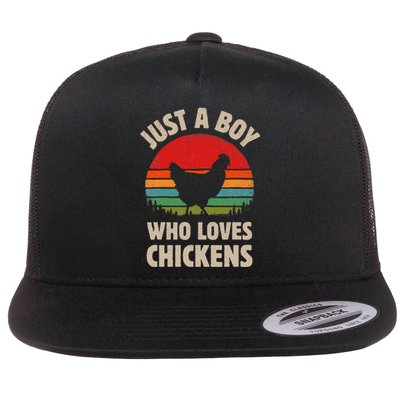 Chicken Just A Boy Who Loves Retro Farm Animal Farmer Sunset Flat Bill Trucker Hat