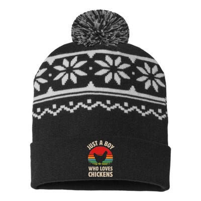 Chicken Just A Boy Who Loves Retro Farm Animal Farmer Sunset USA-Made Snowflake Beanie