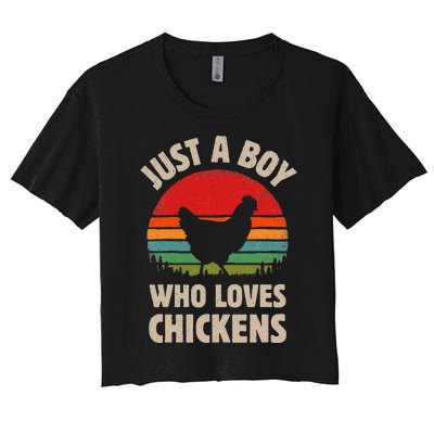 Chicken Just A Boy Who Loves Retro Farm Animal Farmer Sunset Women's Crop Top Tee