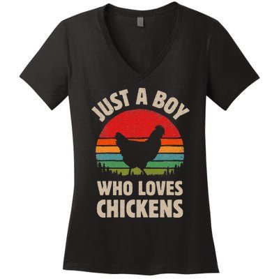 Chicken Just A Boy Who Loves Retro Farm Animal Farmer Sunset Women's V-Neck T-Shirt