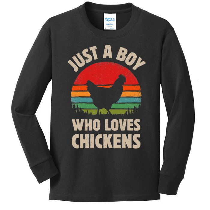 Chicken Just A Boy Who Loves Retro Farm Animal Farmer Sunset Kids Long Sleeve Shirt