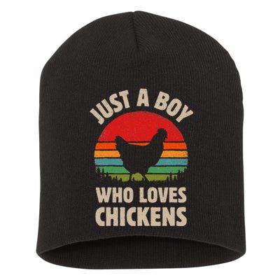 Chicken Just A Boy Who Loves Retro Farm Animal Farmer Sunset Short Acrylic Beanie