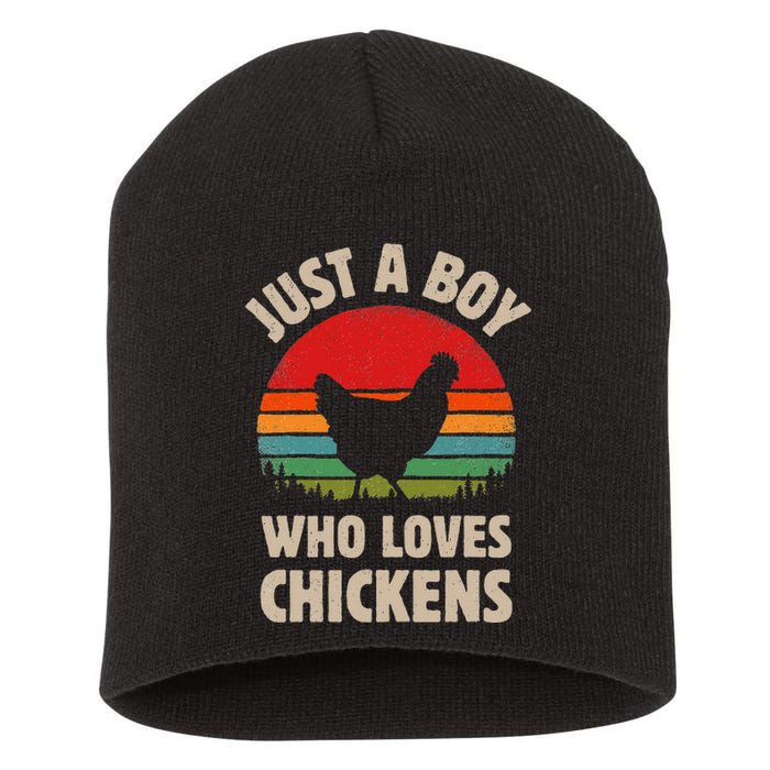 Chicken Just A Boy Who Loves Retro Farm Animal Farmer Sunset Short Acrylic Beanie