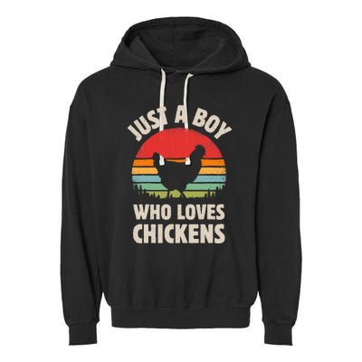 Chicken Just A Boy Who Loves Retro Farm Animal Farmer Sunset Garment-Dyed Fleece Hoodie