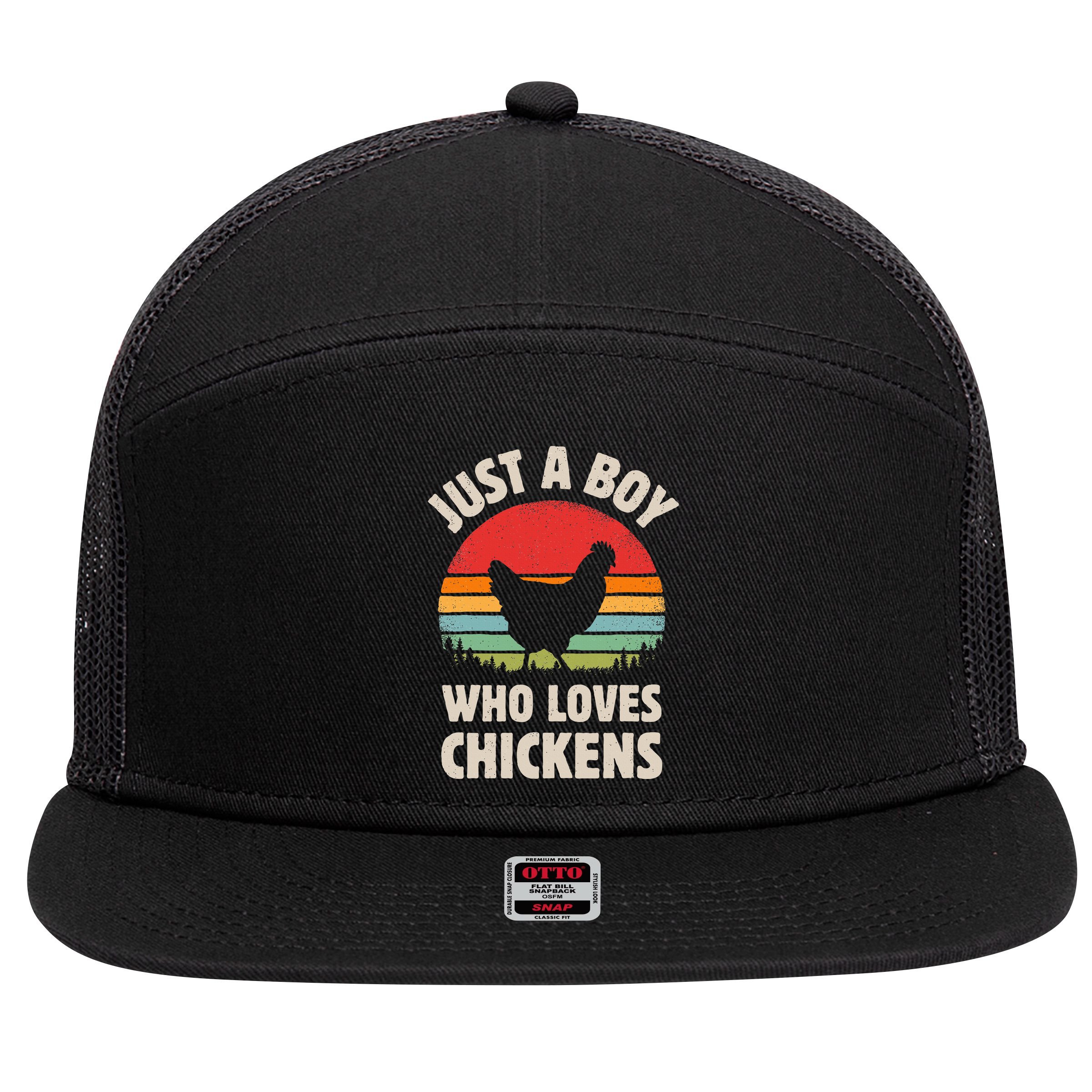 Chicken Just A Boy Who Loves Retro Farm Animal Farmer Sunset 7 Panel Mesh Trucker Snapback Hat