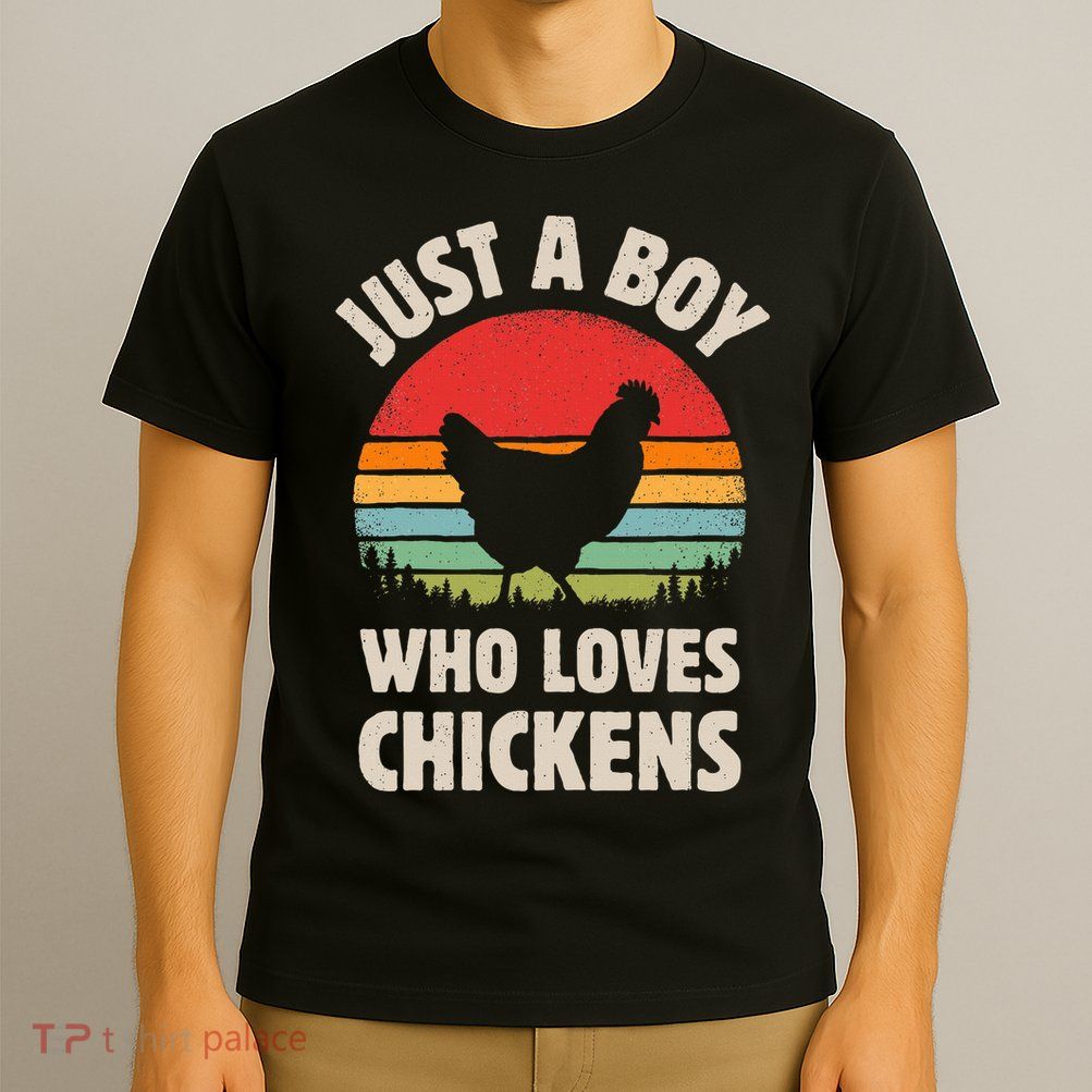 Chicken Just A Boy Who Loves Retro Farm Animal Farmer Sunset T-Shirt