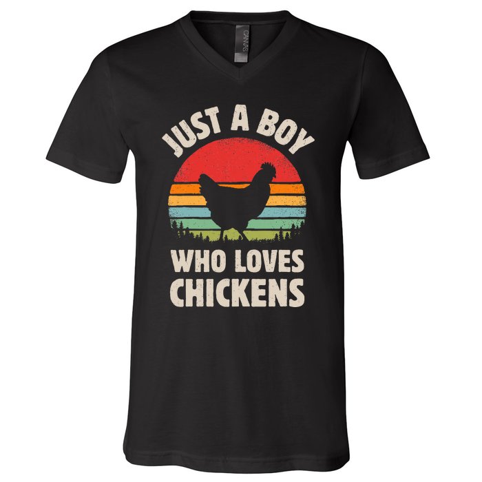 Chicken Just A Boy Who Loves Retro Farm Animal Farmer Sunset V-Neck T-Shirt